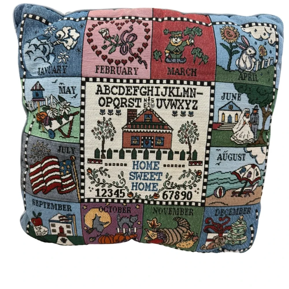 VTG Tapestry Pillow Calendar Sampler Folk Art Cottagecore Cozy Home Farmhouse